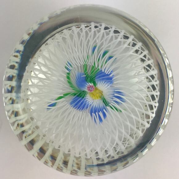 Perthshire 1984D Floral Spray Blue Lampwork Flower Spiral Latticinio Paperweight - Picture 2 of 13